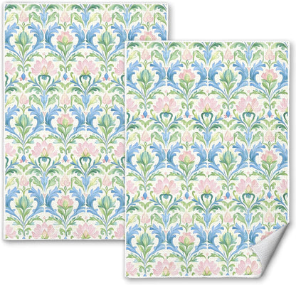 Pink and Green Blue Grandmillennial Floral Kitchen Towels, Pastel Grand Millenial Flower Decorative Dish Tea Hand Towels for Kitchen Bathroom, 16x24 Inches Set of 2