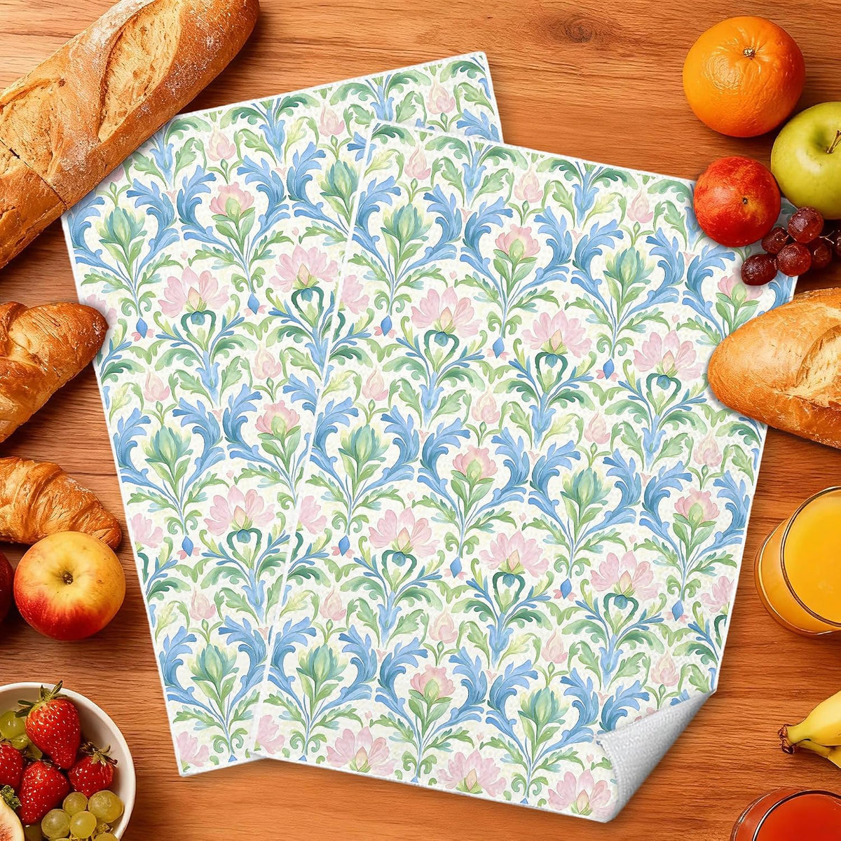 Pink and Green Blue Grandmillennial Floral Kitchen Towels, Pastel Grand Millenial Flower Decorative Dish Tea Hand Towels for Kitchen Bathroom, 16x24 Inches Set of 2