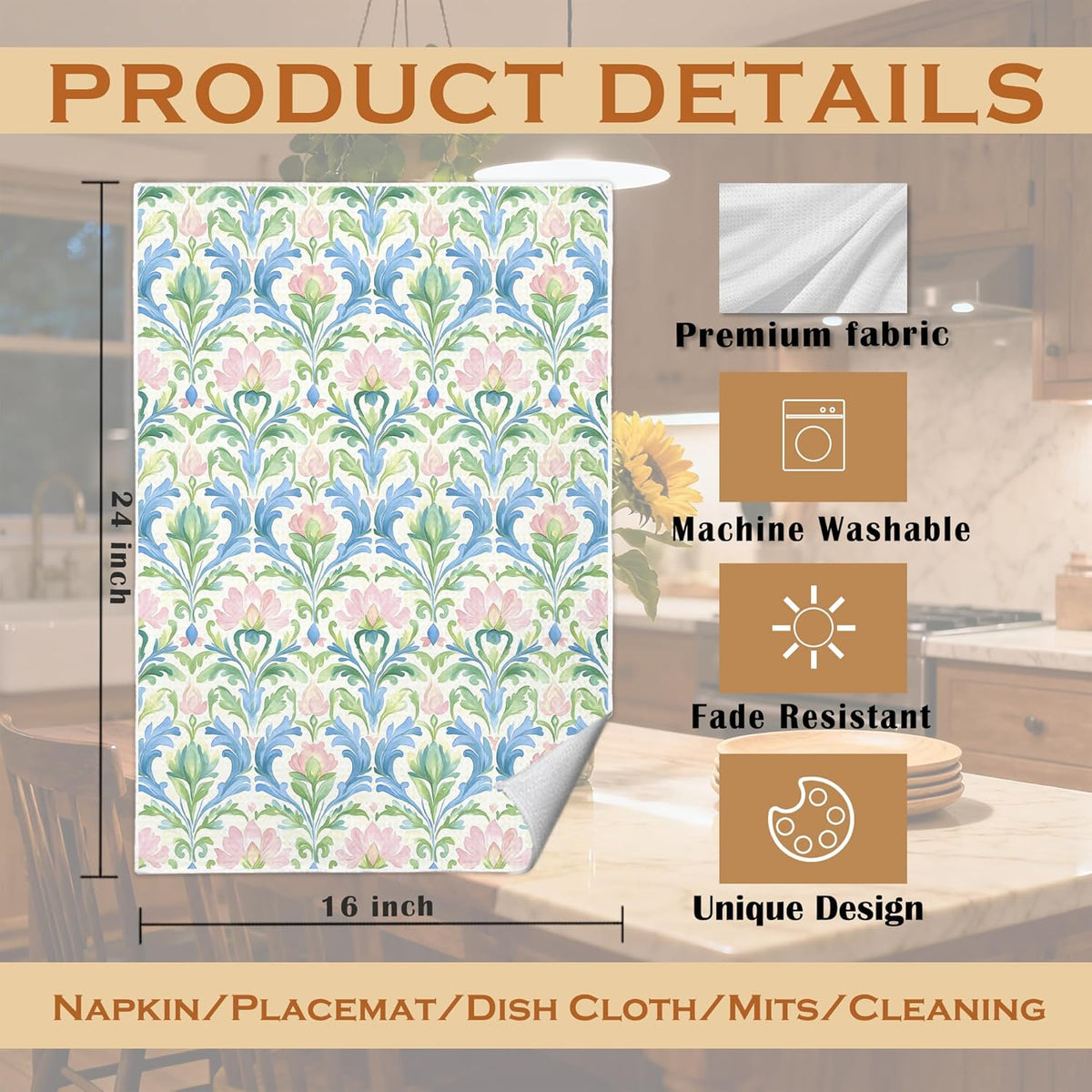 Pink and Green Blue Grandmillennial Floral Kitchen Towels, Pastel Grand Millenial Flower Decorative Dish Tea Hand Towels for Kitchen Bathroom, 16x24 Inches Set of 2