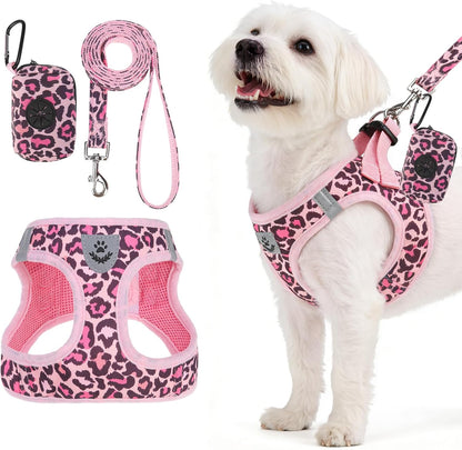 Dog Harness and Leash Set,Step in No Pull Soft Pet Harness, Reflective Adjustable Puppy Vest for Small Medium Dogs Cats,No Choke Harness Vest with Poop Bag Holder for Walking,Running,Leopard M