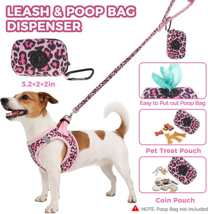 Dog Harness and Leash Set,Step in No Pull Soft Pet Harness, Reflective Adjustable Puppy Vest for Small Medium Dogs Cats,No Choke Harness Vest with Poop Bag Holder for Walking,Running,Leopard M