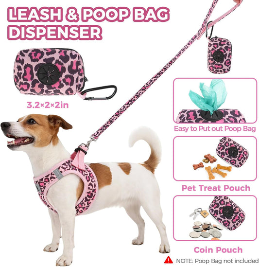 Dog Harness and Leash Set,Step in No Pull Soft Pet Harness, Reflective Adjustable Puppy Vest for Small Medium Dogs Cats,No Choke Harness Vest with Poop Bag Holder for Walking,Running,Leopard M