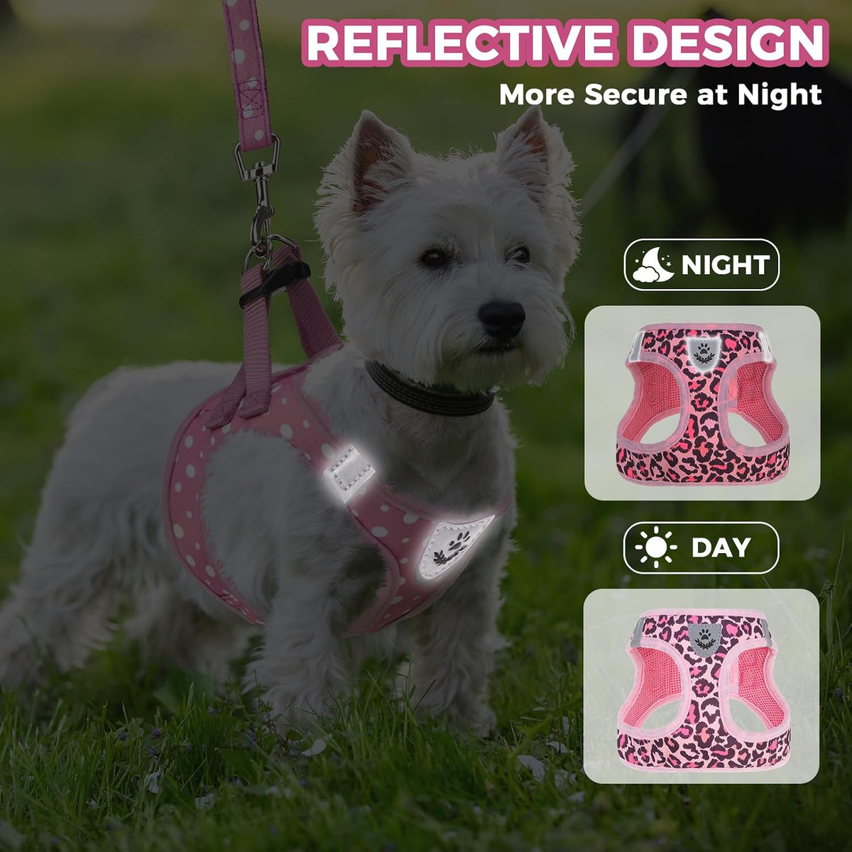 Dog Harness and Leash Set,Step in No Pull Soft Pet Harness, Reflective Adjustable Puppy Vest for Small Medium Dogs Cats,No Choke Harness Vest with Poop Bag Holder for Walking,Running,Leopard M