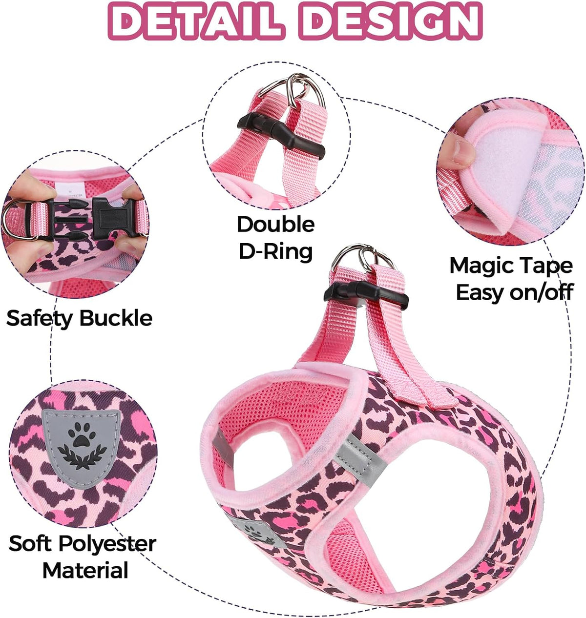 Dog Harness and Leash Set,Step in No Pull Soft Pet Harness, Reflective Adjustable Puppy Vest for Small Medium Dogs Cats,No Choke Harness Vest with Poop Bag Holder for Walking,Running,Leopard M