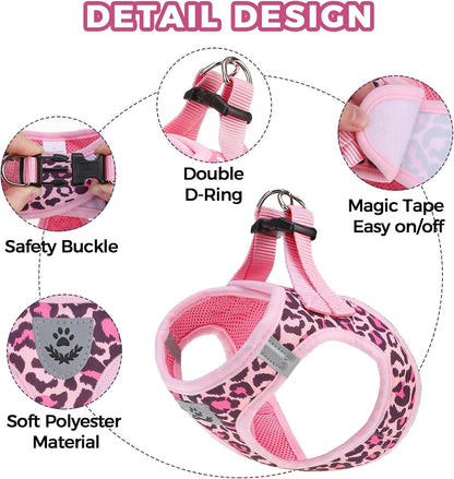 Dog Harness and Leash Set,Step in No Pull Soft Pet Harness, Reflective Adjustable Puppy Vest for Small Medium Dogs Cats,No Choke Harness Vest with Poop Bag Holder for Walking,Running,Leopard M