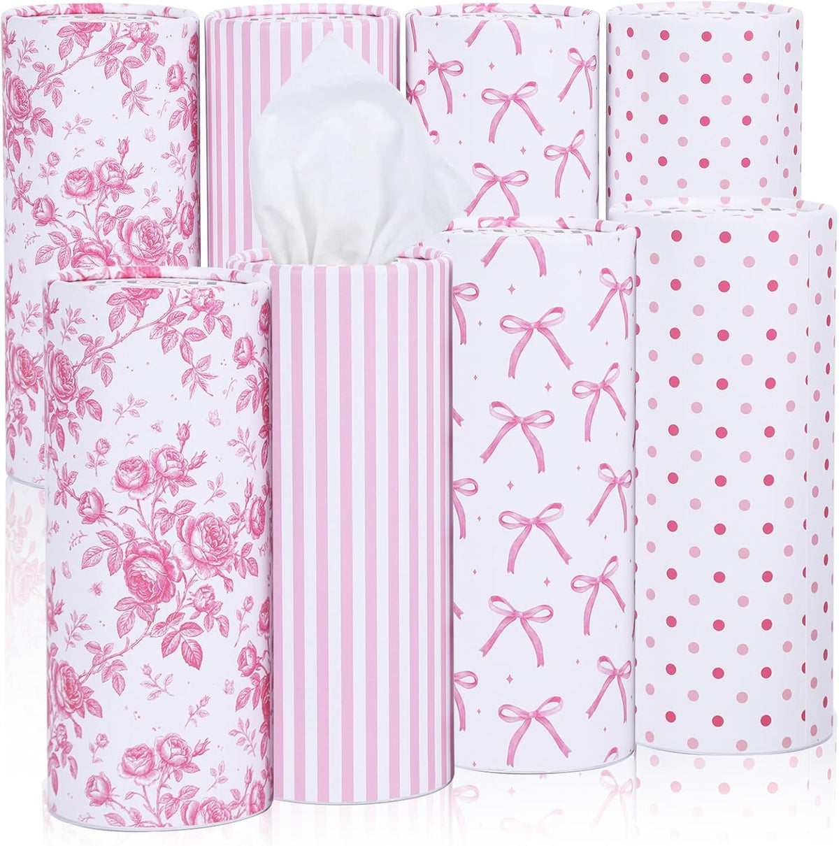 400 Sheets Car Tissues with 8 Pack Floral Bow Design Cylinder Holder Round Portable Travel Tubes Box Container Tissue for Car Cup Holders Home Bathroom Office