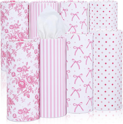 400 Sheets Car Tissues with 8 Pack Floral Bow Design Cylinder Holder Round Portable Travel Tubes Box Container Tissue for Car Cup Holders Home Bathroom Office