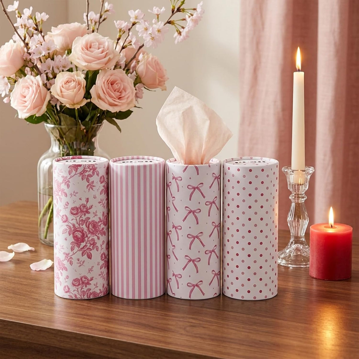 400 Sheets Car Tissues with 8 Pack Floral Bow Design Cylinder Holder Round Portable Travel Tubes Box Container Tissue for Car Cup Holders Home Bathroom Office