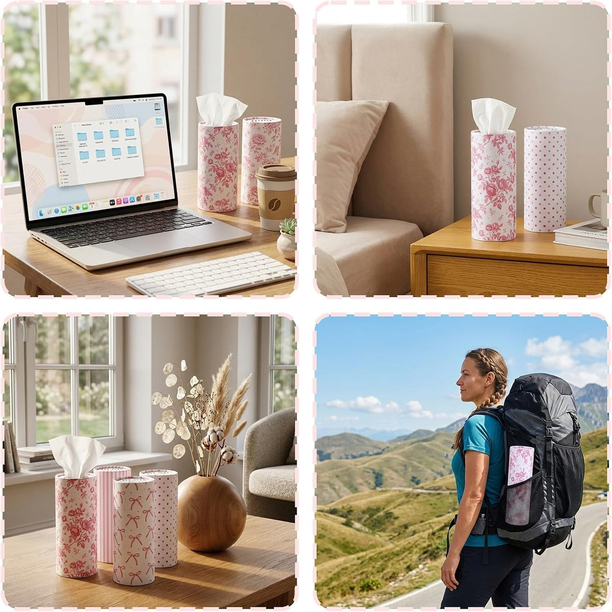 400 Sheets Car Tissues with 8 Pack Floral Bow Design Cylinder Holder Round Portable Travel Tubes Box Container Tissue for Car Cup Holders Home Bathroom Office