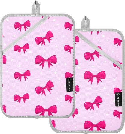 Bow Star Light Pink Pot Holders for Kitchen 2 Pcs Heat Resistant Hot Pads Potholders with Pockets Oven Mitts Trivets Pot Holder for Kitchen Accessories Hot Dishes Pans Cooking Baking