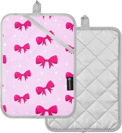 Bow Star Light Pink Pot Holders for Kitchen 2 Pcs Heat Resistant Hot Pads Potholders with Pockets Oven Mitts Trivets Pot Holder for Kitchen Accessories Hot Dishes Pans Cooking Baking