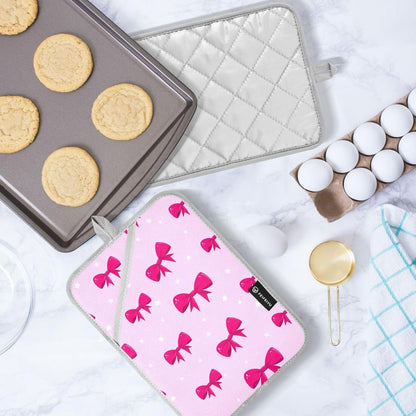 Bow Star Light Pink Pot Holders for Kitchen 2 Pcs Heat Resistant Hot Pads Potholders with Pockets Oven Mitts Trivets Pot Holder for Kitchen Accessories Hot Dishes Pans Cooking Baking