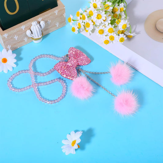 Pink Bling Car Mirror Hanging Accessories for Women - Girly Rhinestone Bowknot With Pink Beads and Plush Ball Rearview Decor Ornament Pendant - Christmas Gifts