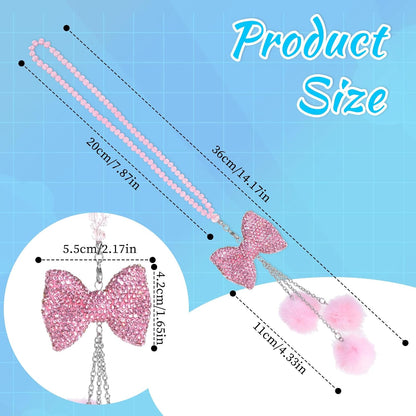 Pink Bling Car Mirror Hanging Accessories for Women - Girly Rhinestone Bowknot With Pink Beads and Plush Ball Rearview Decor Ornament Pendant - Christmas Gifts