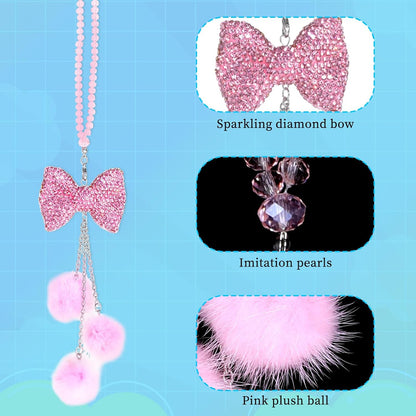 Pink Bling Car Mirror Hanging Accessories for Women - Girly Rhinestone Bowknot With Pink Beads and Plush Ball Rearview Decor Ornament Pendant - Christmas Gifts