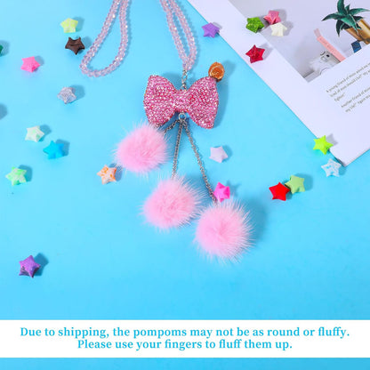 Pink Bling Car Mirror Hanging Accessories for Women - Girly Rhinestone Bowknot With Pink Beads and Plush Ball Rearview Decor Ornament Pendant - Christmas Gifts