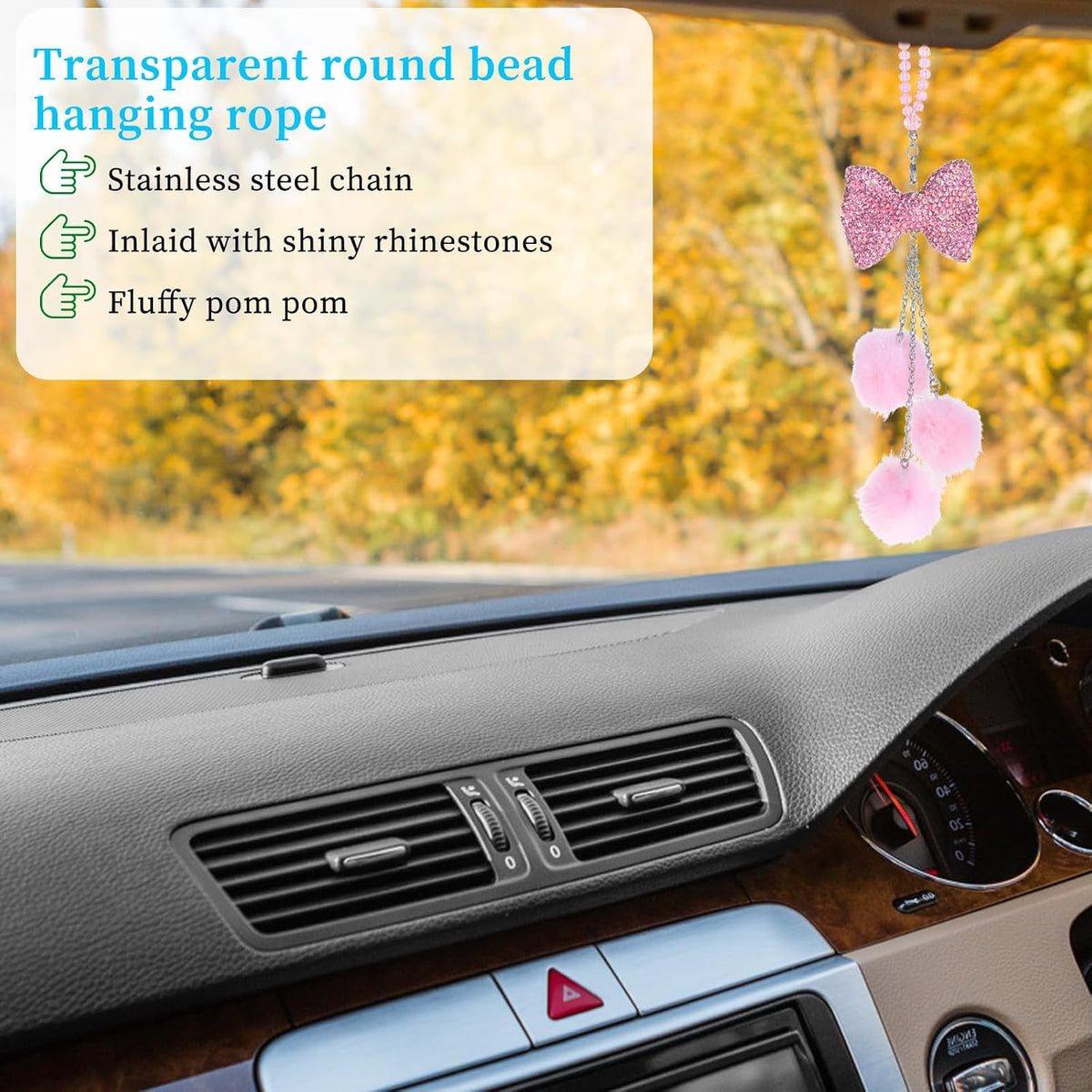 Pink Bling Car Mirror Hanging Accessories for Women - Girly Rhinestone Bowknot With Pink Beads and Plush Ball Rearview Decor Ornament Pendant - Christmas Gifts