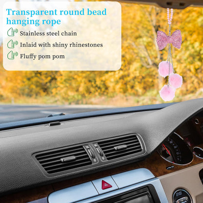 Pink Bling Car Mirror Hanging Accessories for Women - Girly Rhinestone Bowknot With Pink Beads and Plush Ball Rearview Decor Ornament Pendant - Christmas Gifts