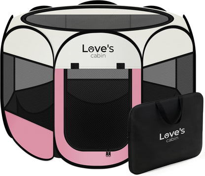 Pet Puppy Dog Playpen, Small Dog Tent Crates Cage Indoor/Outdoor, Portable Playpen for Cat, Foldable Pop Up Dog Kennel Playpen with Carring Case, Removable Zipper Top, Light Pink