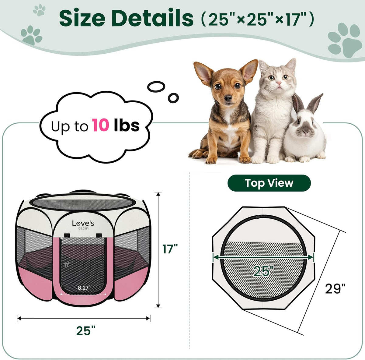 Pet Puppy Dog Playpen, Small Dog Tent Crates Cage Indoor/Outdoor, Portable Playpen for Cat, Foldable Pop Up Dog Kennel Playpen with Carring Case, Removable Zipper Top, Light Pink