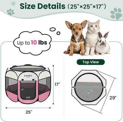 Pet Puppy Dog Playpen, Small Dog Tent Crates Cage Indoor/Outdoor, Portable Playpen for Cat, Foldable Pop Up Dog Kennel Playpen with Carring Case, Removable Zipper Top, Light Pink