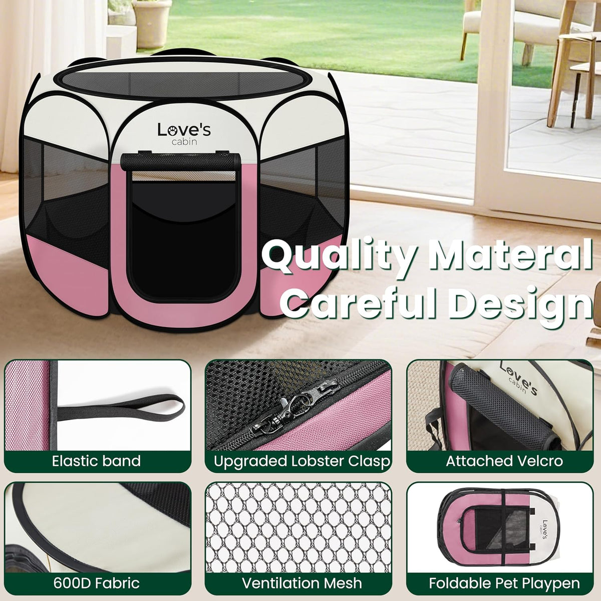 Pet Puppy Dog Playpen, Small Dog Tent Crates Cage Indoor/Outdoor, Portable Playpen for Cat, Foldable Pop Up Dog Kennel Playpen with Carring Case, Removable Zipper Top, Light Pink