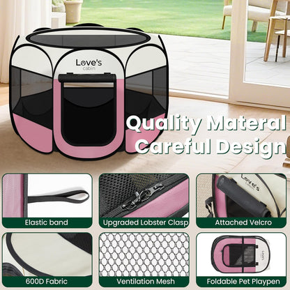 Pet Puppy Dog Playpen, Small Dog Tent Crates Cage Indoor/Outdoor, Portable Playpen for Cat, Foldable Pop Up Dog Kennel Playpen with Carring Case, Removable Zipper Top, Light Pink