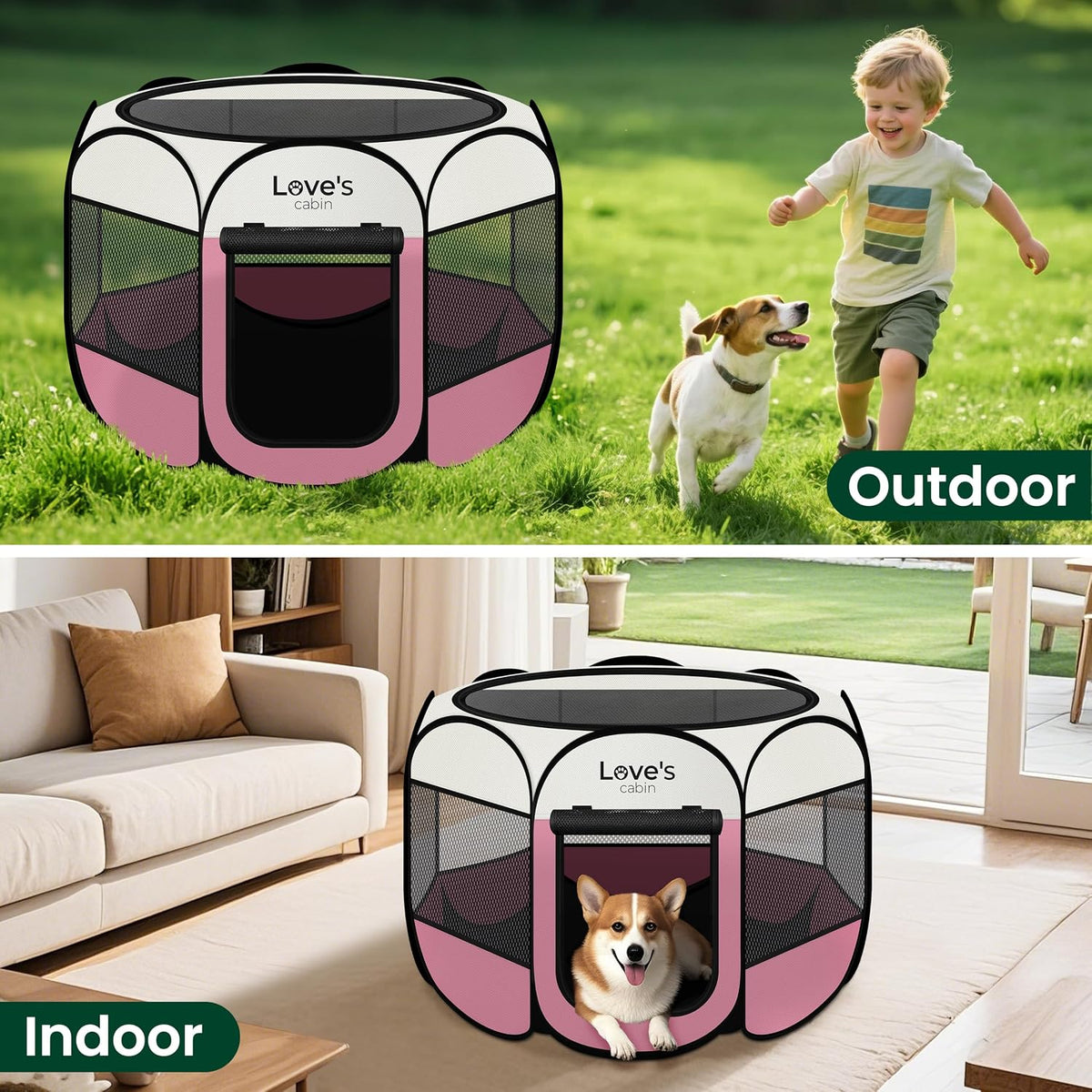 Pet Puppy Dog Playpen, Small Dog Tent Crates Cage Indoor/Outdoor, Portable Playpen for Cat, Foldable Pop Up Dog Kennel Playpen with Carring Case, Removable Zipper Top, Light Pink