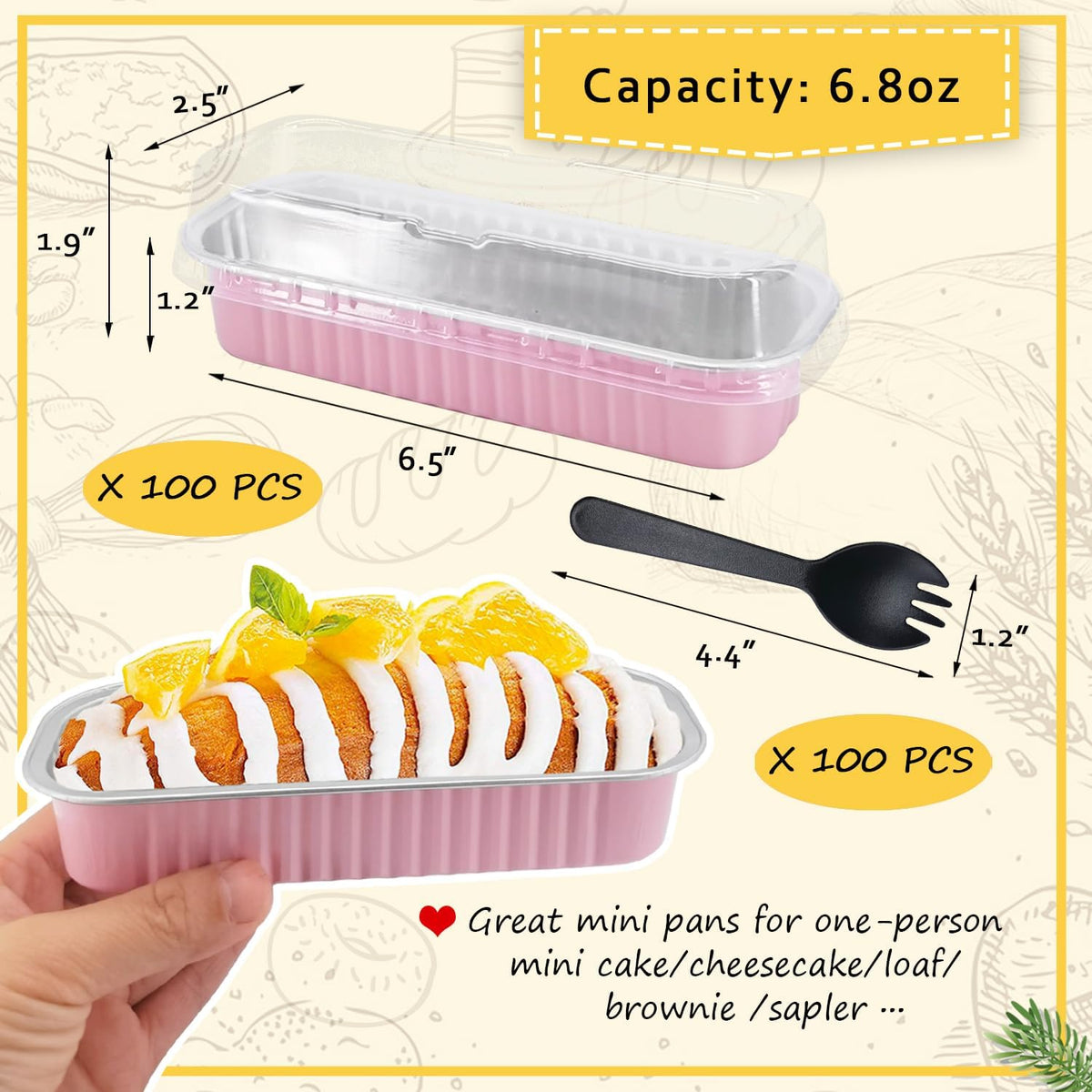 Mini Loaf Pans with Lids 100 Pack, 6.8oz Rectangle Cake Tins