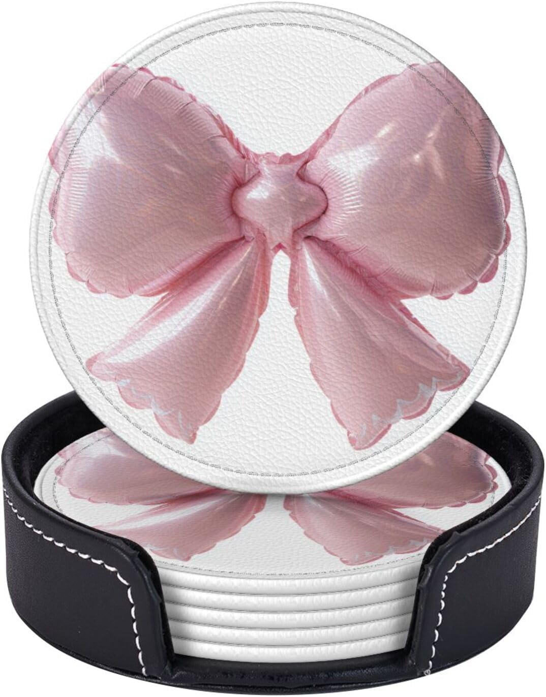 Light Pink Bow Balloon Premium Leather Coasters, Set of 6 with Holder, Stylish Beverage Coasters for Kitchen Coffee Bar