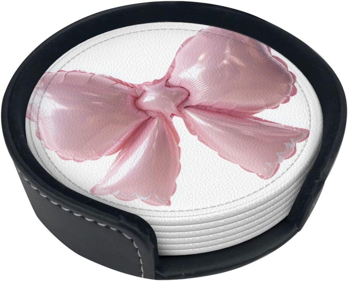 Light Pink Bow Balloon Premium Leather Coasters, Set of 6 with Holder, Stylish Beverage Coasters for Kitchen Coffee Bar