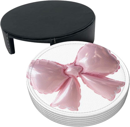 Light Pink Bow Balloon Premium Leather Coasters, Set of 6 with Holder, Stylish Beverage Coasters for Kitchen Coffee Bar