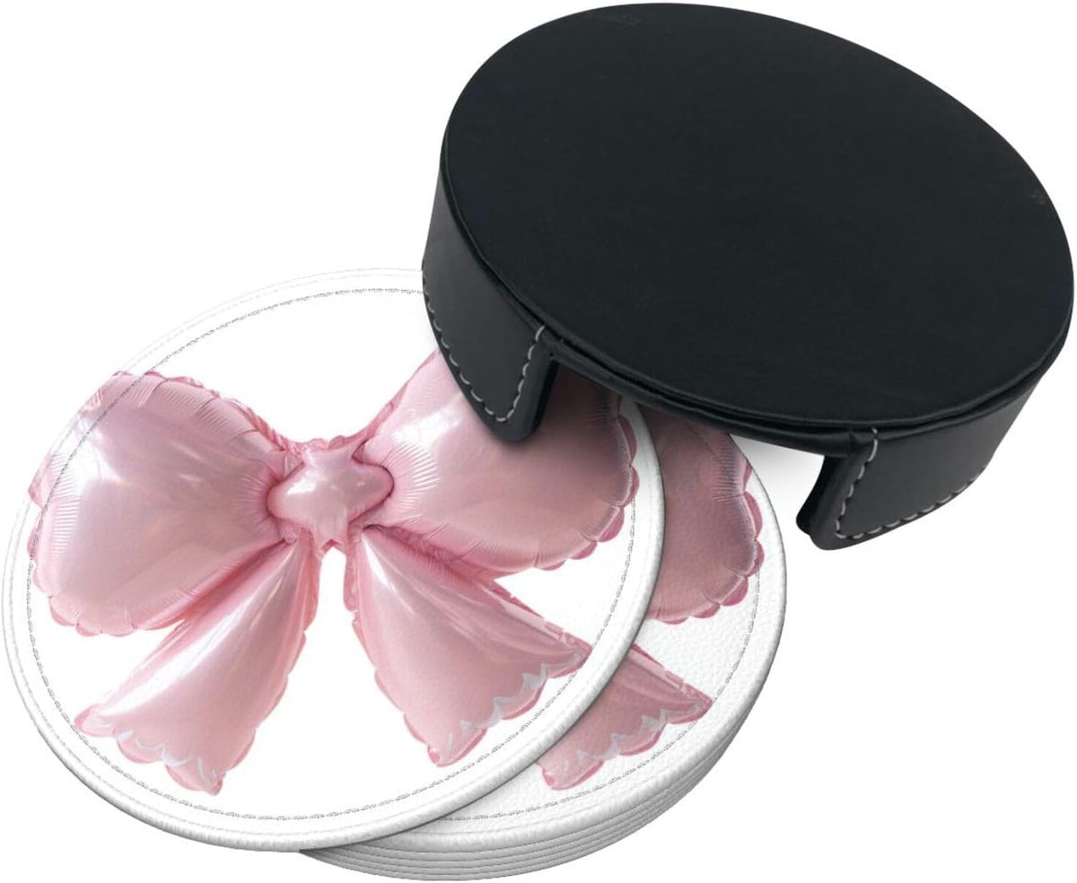 Light Pink Bow Balloon Premium Leather Coasters, Set of 6 with Holder, Stylish Beverage Coasters for Kitchen Coffee Bar