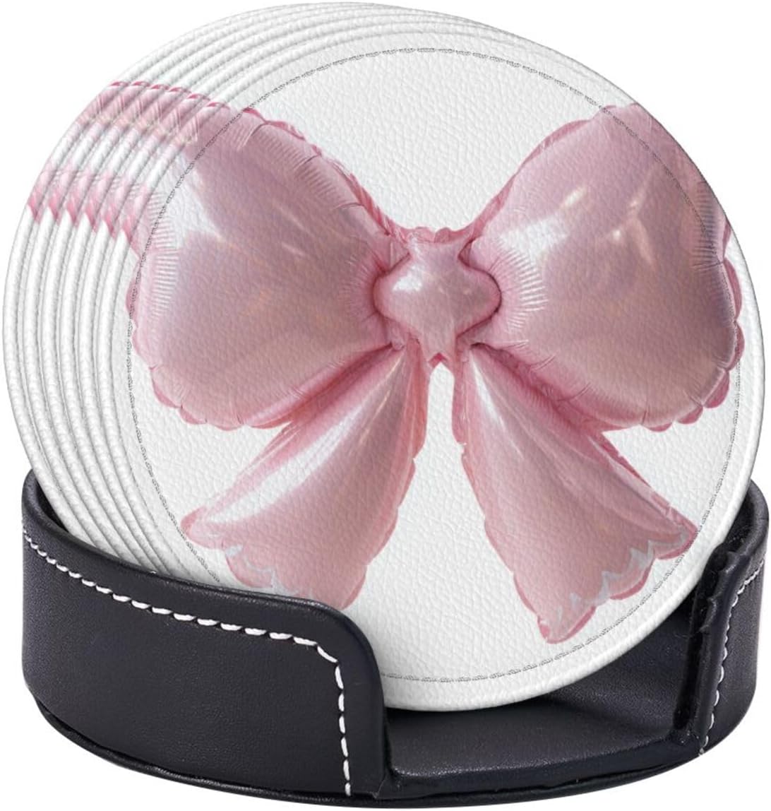 Light Pink Bow Balloon Premium Leather Coasters, Set of 6 with Holder, Stylish Beverage Coasters for Kitchen Coffee Bar