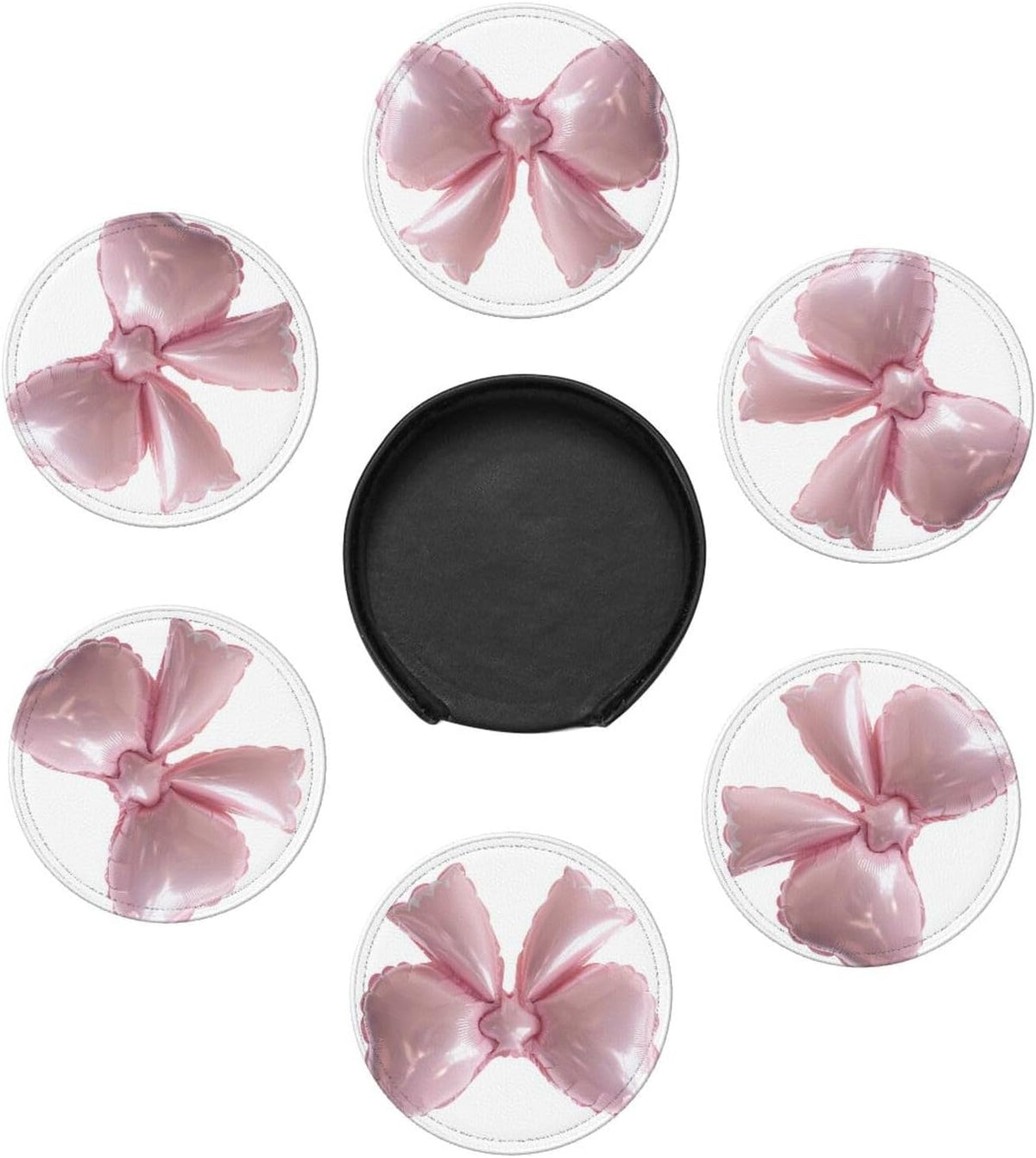 Light Pink Bow Balloon Premium Leather Coasters, Set of 6 with Holder, Stylish Beverage Coasters for Kitchen Coffee Bar