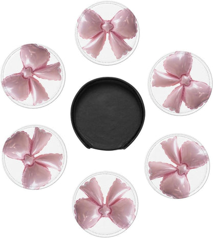 Light Pink Bow Balloon Premium Leather Coasters, Set of 6 with Holder, Stylish Beverage Coasters for Kitchen Coffee Bar