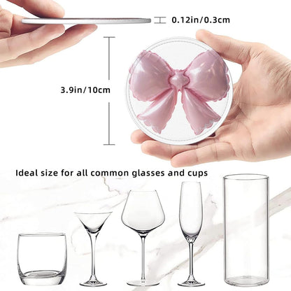 Light Pink Bow Balloon Premium Leather Coasters, Set of 6 with Holder, Stylish Beverage Coasters for Kitchen Coffee Bar