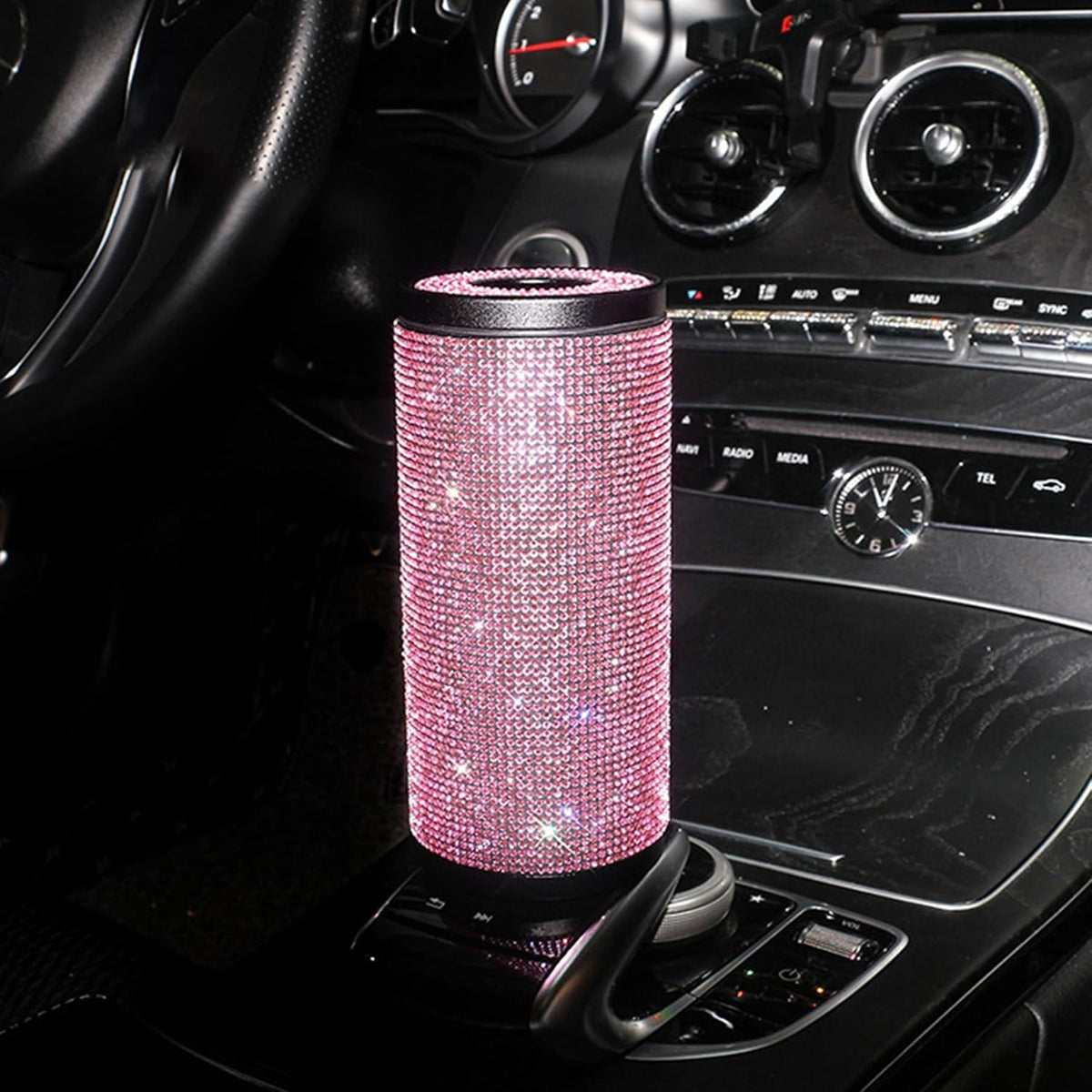 Sparkly Rhinestone Tissue Holder Creative Cylinder Tissue Boxes Fashion Crystal Round Container Decorative Tissue Dispenser for Car Office Home (Pink)