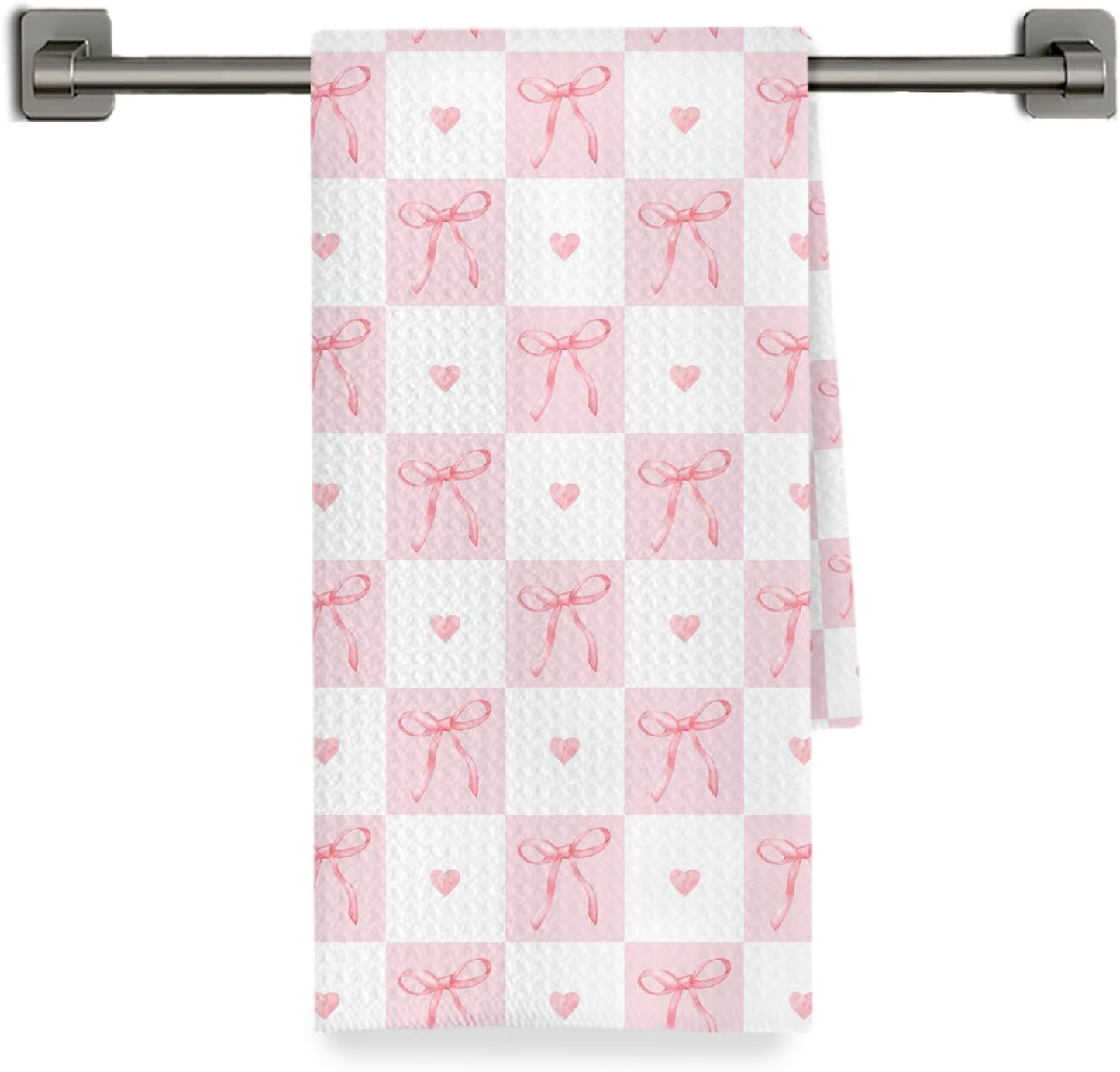 Coquette Pink Bow Checkered Kitchen Towels Decorative, Preppy Girly Ribbon Bow Dish Hand Tea Towels, Aesthetic Pink Kitchen Bathroom Decor, 16x24 Inch