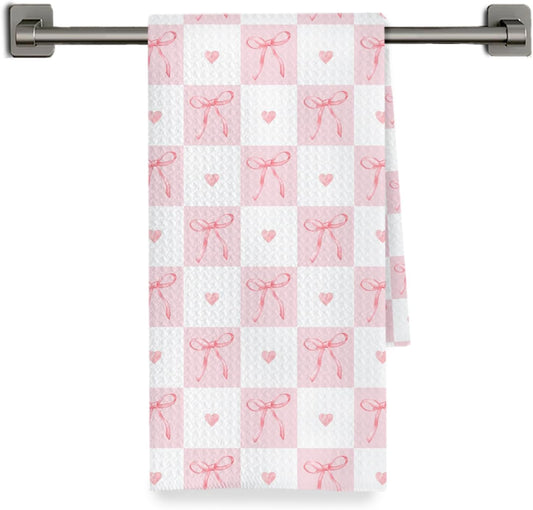 Coquette Pink Bow Checkered Kitchen Towels Decorative, Preppy Girly Ribbon Bow Dish Hand Tea Towels, Aesthetic Pink Kitchen Bathroom Decor, 16x24 Inch