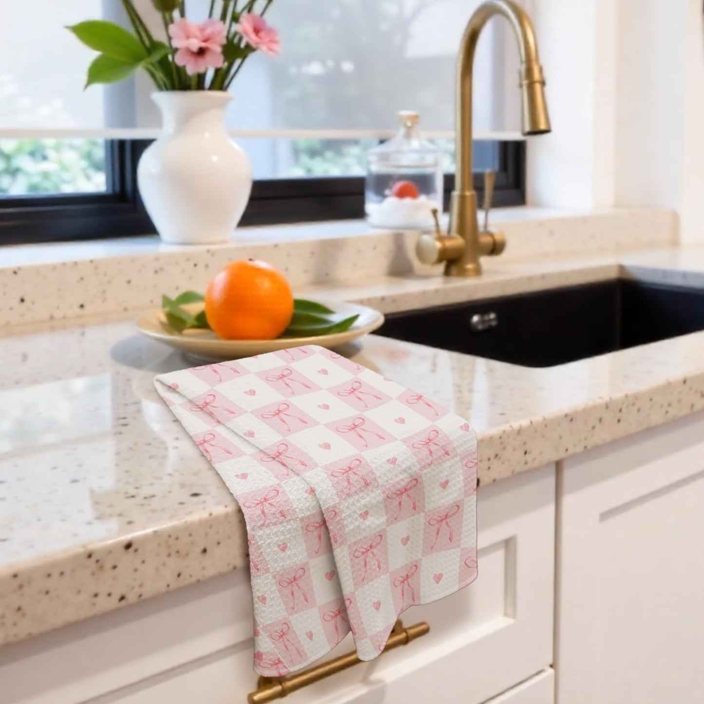 Coquette Pink Bow Checkered Kitchen Towels Decorative, Preppy Girly Ribbon Bow Dish Hand Tea Towels, Aesthetic Pink Kitchen Bathroom Decor, 16x24 Inch