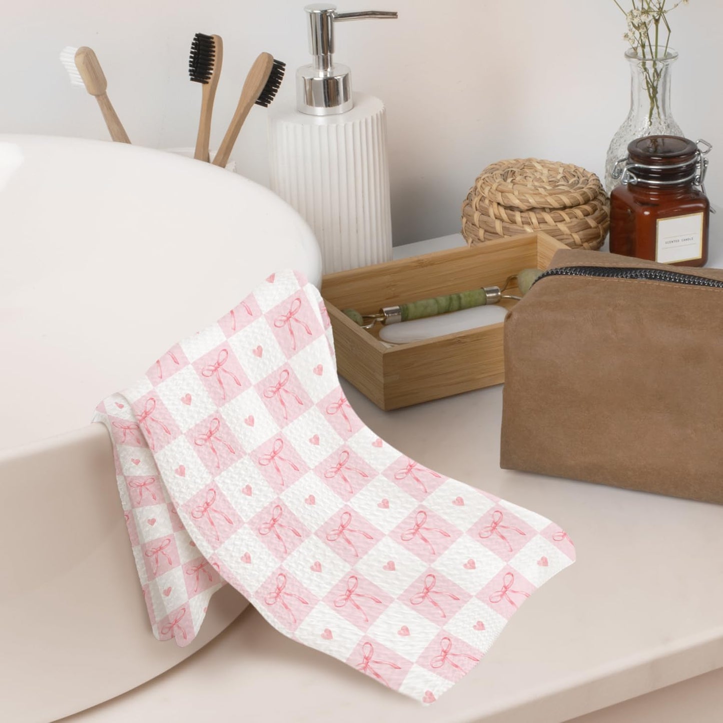 Coquette Pink Bow Checkered Kitchen Towels Decorative, Preppy Girly Ribbon Bow Dish Hand Tea Towels, Aesthetic Pink Kitchen Bathroom Decor, 16x24 Inch