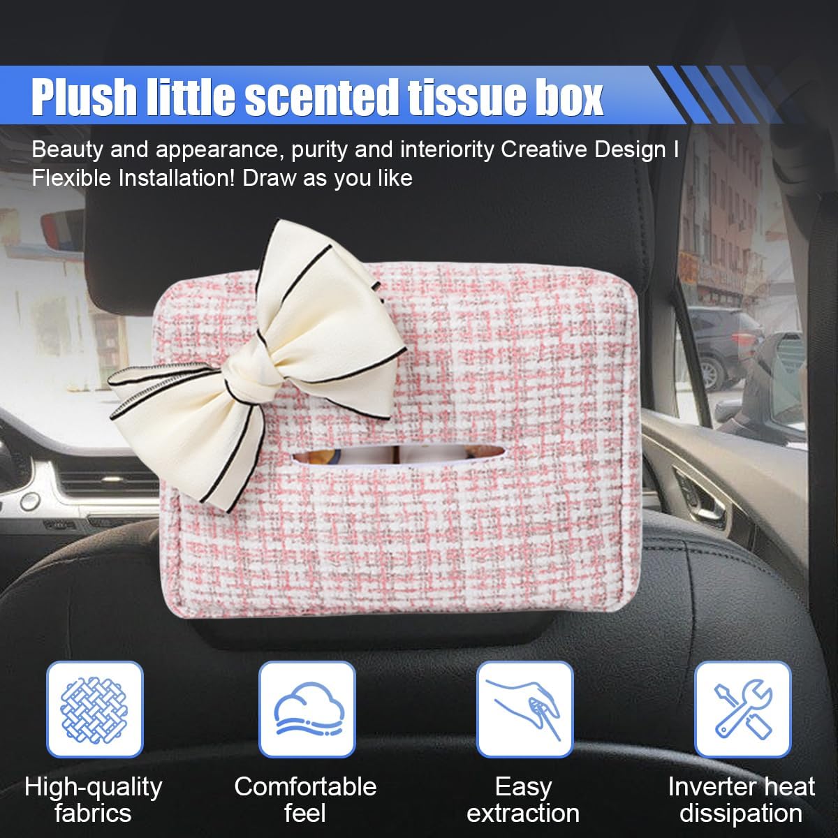 Car Tissue Holder, Cute Bow Tissue Box Cover for Auto Backseat, Rectangle Auto Napkin Holder Keep Car Tidy, Universal Napkin Storage Organizer for Vehicle Sun Visor, Headrest (Pink)