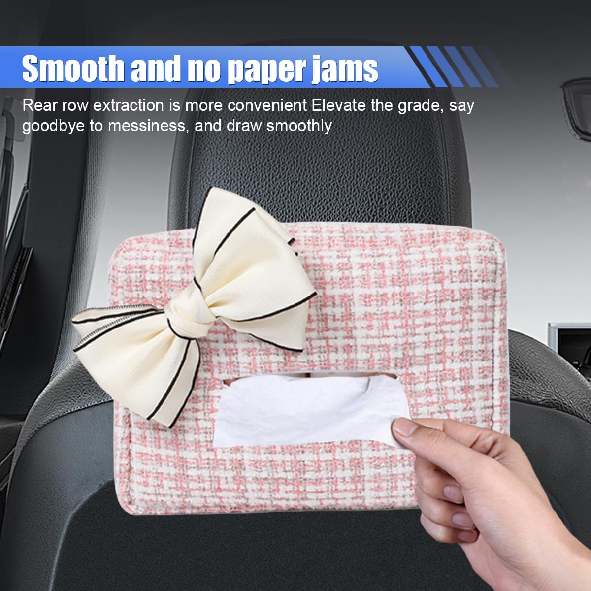 Car Tissue Holder, Cute Bow Tissue Box Cover for Auto Backseat, Rectangle Auto Napkin Holder Keep Car Tidy, Universal Napkin Storage Organizer for Vehicle Sun Visor, Headrest (Pink)
