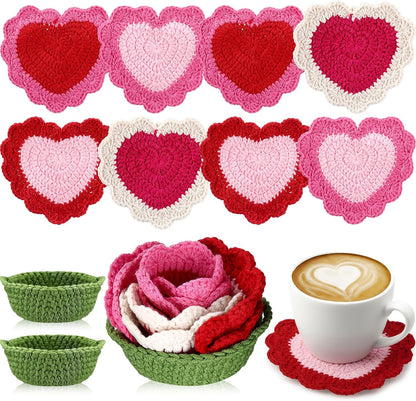 10 Pcs Heart Crochet Coasters Set Cute Flower Crochet Coaster with Pot Handmade Pink Cup Mat Housewarming Gift for Home Bar Desk Decor