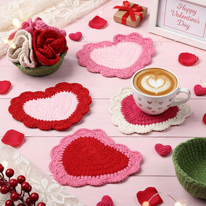 10 Pcs Heart Crochet Coasters Set Cute Flower Crochet Coaster with Pot Handmade Pink Cup Mat Housewarming Gift for Home Bar Desk Decor