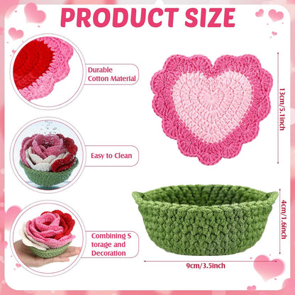 10 Pcs Heart Crochet Coasters Set Cute Flower Crochet Coaster with Pot Handmade Pink Cup Mat Housewarming Gift for Home Bar Desk Decor