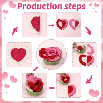 10 Pcs Heart Crochet Coasters Set Cute Flower Crochet Coaster with Pot Handmade Pink Cup Mat Housewarming Gift for Home Bar Desk Decor