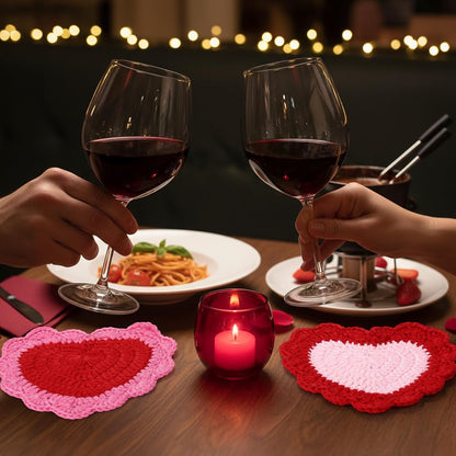 10 Pcs Heart Crochet Coasters Set Cute Flower Crochet Coaster with Pot Handmade Pink Cup Mat Housewarming Gift for Home Bar Desk Decor