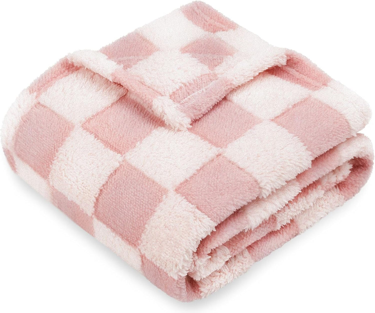Pink Checkerboard Baby Blanket for Boys Girls Fluffy Fleece